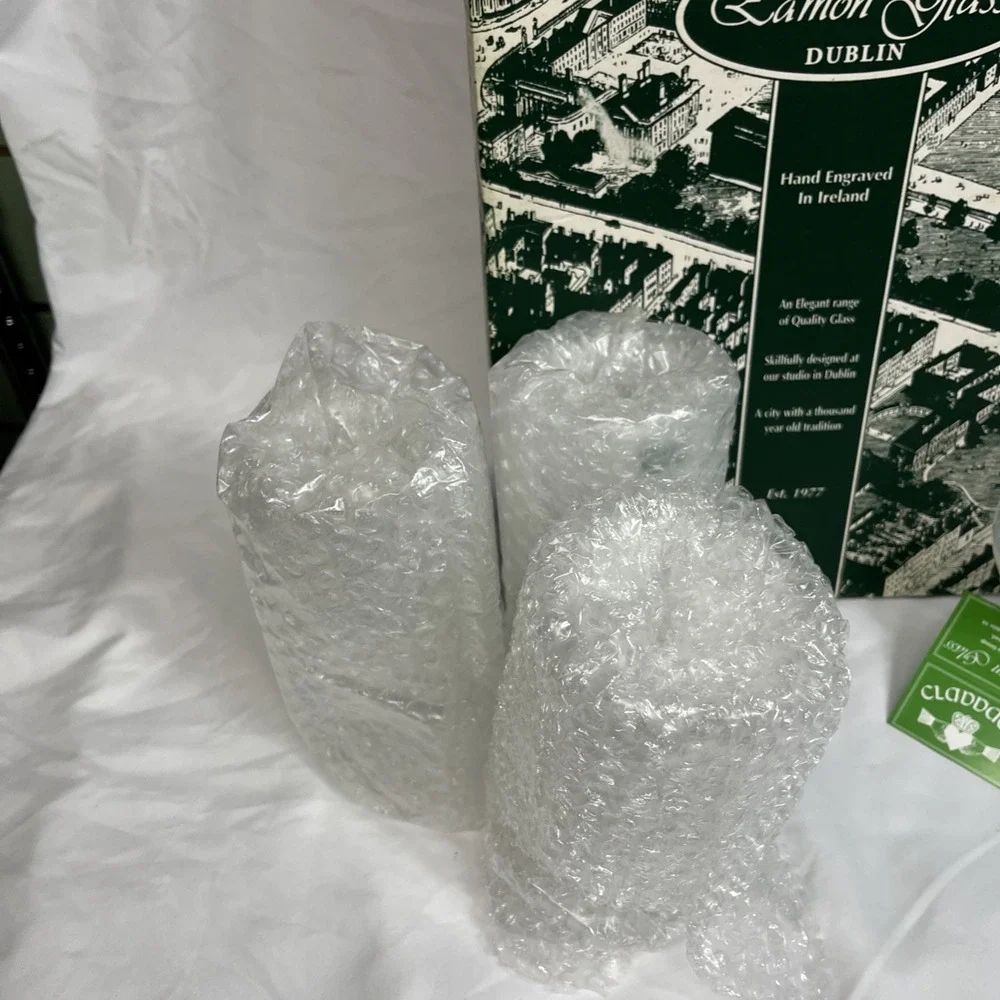 New 6 Eamon Glass‎ Etched Claddagh Shamrocks Twist Stem Wine Goblet Glasses Ire